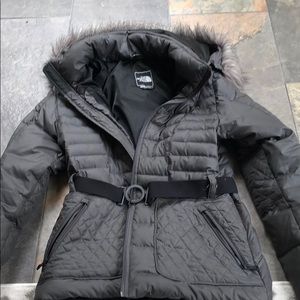 North Face belted jacket with fur hood, size M